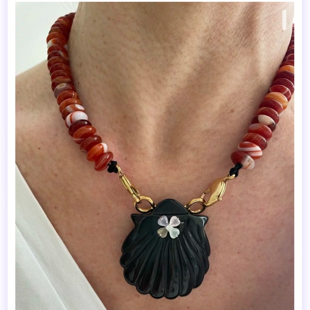 Fire Agate Necklace with Carved Onyx Shell Pendant and Zirconion Floral accent